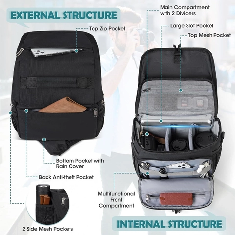 Bolsa de Hombro Impermeable para Cámara DSLR Estuche Profesional Antigolpes con Divisores Ajustables Cubierta de Lluvia Correa para Trípode
