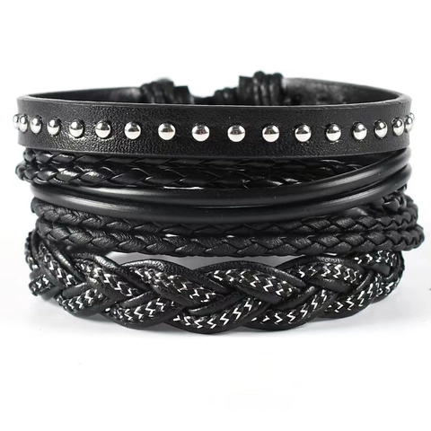 Punk Mehrlagiges Geflochtenes PU-Lederarmband Für Herren Vintage Schwarz Gewebtes Kordelarmband Mit Legierung Nieten Hip Hop Schmuck