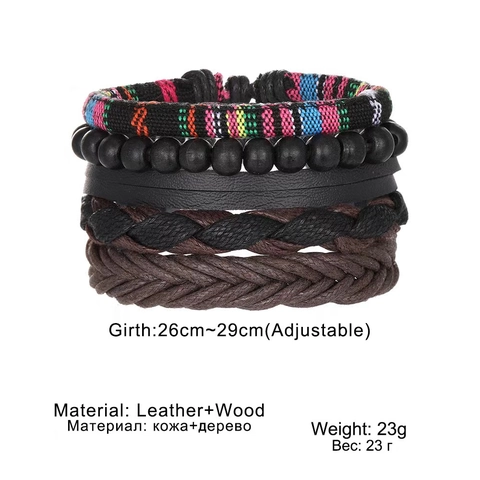Vintage Bohemian Multi-layer Bracelet Handmade Braided Artificial Leather Wood Beads Wax Rope Adjustable Tribal Jewelry