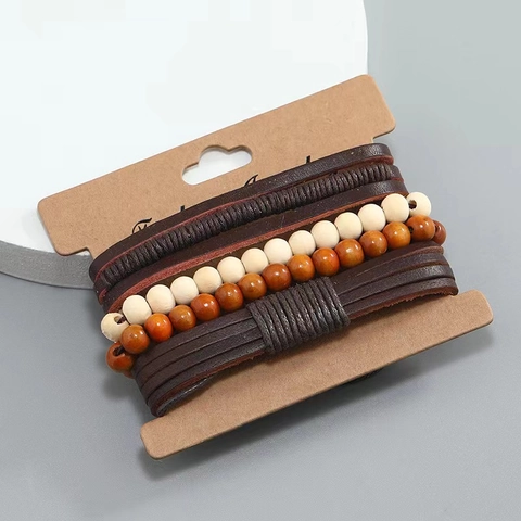 Men Vintage Multi Layer Leather Woven Bracelet Brown Wooden Beads Adjustable Cord Bohemian Style Men Fashion Jewelry