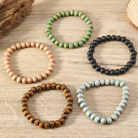 Handmade Wood Beaded Bracelets Bohemian Vintage Elastic Round Bead Unisex Fashion Jewelry Stackable Bracelets Multi Color