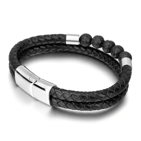 Bracciale in Acciaio Inossidabile e Pelle Intrecciata Vintage da Uomo Ancora Nautica Multistrato Pietra Lavica Chiusura Magnetica Gioielli Biker