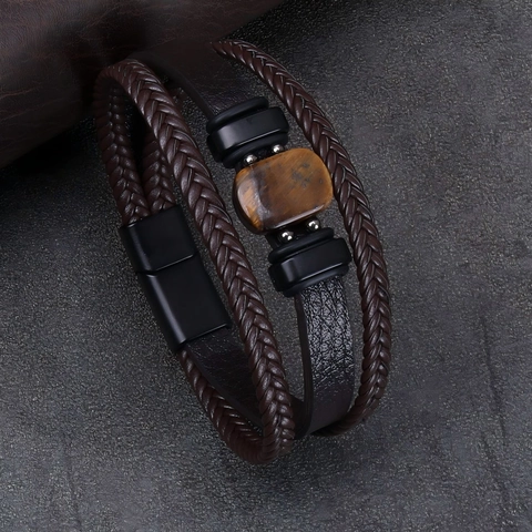 Vintage Heren Meerlaagse Leren Armband Natuurlijke Tijgeroog Steen Roestvrij Staal Magneetsluiting Geweven Sieraad