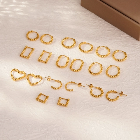 Boucles d'oreilles créoles perlées en acier inoxydable vintage pour femmes plaquées or géométriques coeur rectangle rond bijoux
