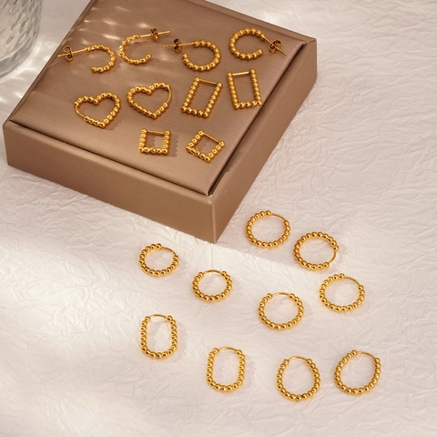 Boucles d'oreilles créoles perlées en acier inoxydable vintage pour femmes plaquées or géométriques coeur rectangle rond bijoux