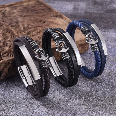 Bracciale in Acciaio Inossidabile e Pelle Intrecciata Vintage da Uomo Ancora Nautica Multistrato Pietra Lavica Chiusura Magnetica Gioielli Biker