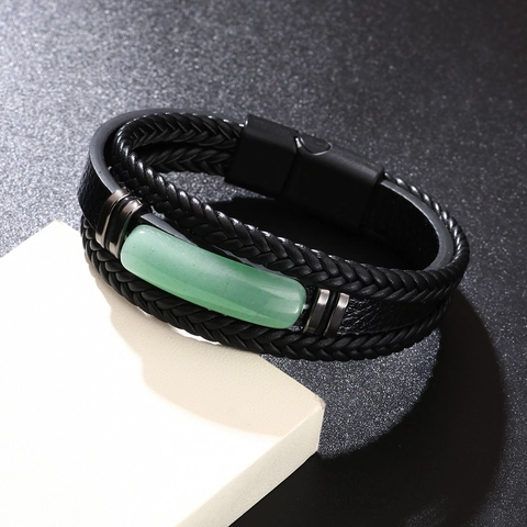 Woven PU Leather Bracelet With Natural Stone Green Aventurine Stainless Steel Magnetic Clasp Fashion For Men