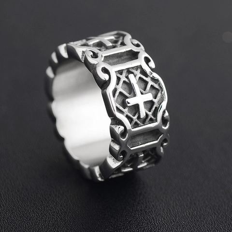 Vintage Punk Gothic Cross Ring For Men Women Alloy Electroplated Oxidized Silver Hip Hop Signet Ring Statement Jewelry