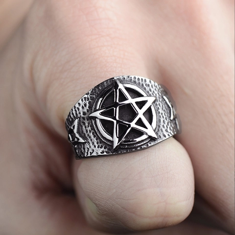Vintage Titanium Steel Pentagram Ring For Men Punk Rock Style Silver Color Retro Gothic Biker Jewelry Band Finger Ring