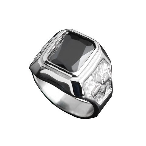 Men Vintage Stainless Steel Ring With Rectangular Black Zirconia Cross Pattern Embossed Rock Texture Punk Gothic Band Ring