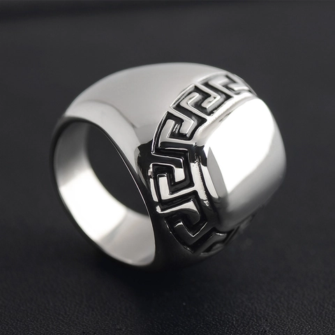 Vintage Edelstahl Griechischer Mäander Siegelring Für Herren Hochglanzpolierter Quadratischer Bandring Punk Hip Hop Schmuck