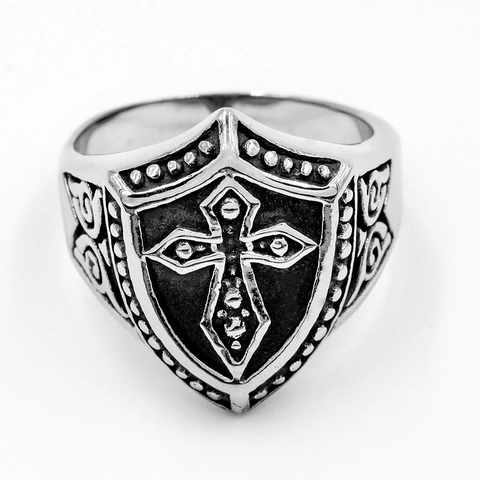Anello Vintage in Acciaio al Titanio con Croce di Cavaliere e Scudo da Uomo Punk Gotico Goccia d'Olio Anello con Sigillo Religioso Gioielli Regalo