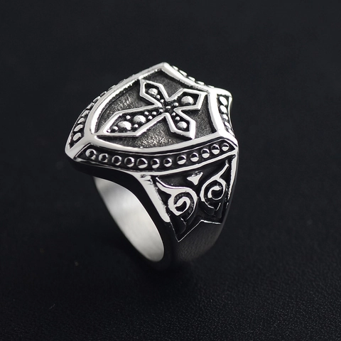 Anello Vintage in Acciaio al Titanio con Croce di Cavaliere e Scudo da Uomo Punk Gotico Goccia d'Olio Anello con Sigillo Religioso Gioielli Regalo