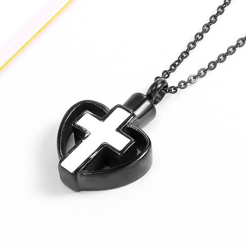 Stainless Steel Heart Cross Cremation Urn Necklace Memorial Ashes Holder Pendant For Men Women Enamel Religious Memorial Jewelry