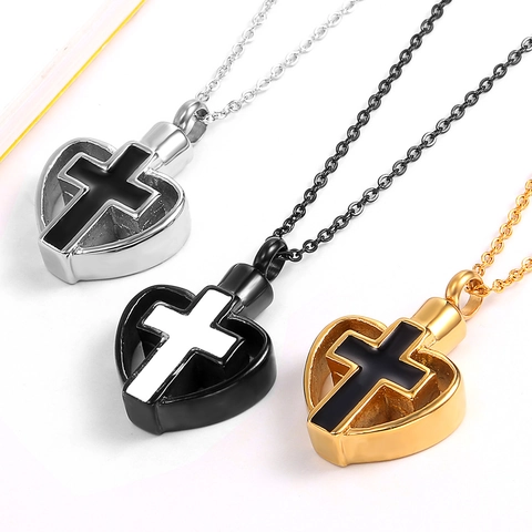 Stainless Steel Heart Cross Urn Necklace Commemorative Memorial Ash Holder Pendant For Men Women Religious Jewelry