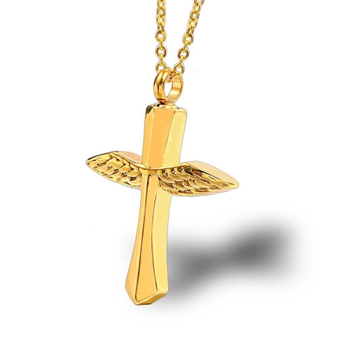 Stainless Steel Angel Wing Cross Cremation Urn Necklace Memorial Ash Keepsake Pendant For Men Women Religious Neckwear Jewelry