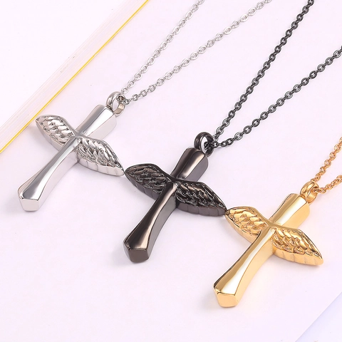 Stainless Steel Angel Wing Cross Cremation Urn Necklace Memorial Ash Keepsake Pendant For Men Women Religious Neckwear Jewelry