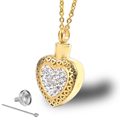 Stainless Steel Heart Cremation Urn Necklace Rhinestone Memorial Ashes Pendant For Men Women Heart Jewelry Gift