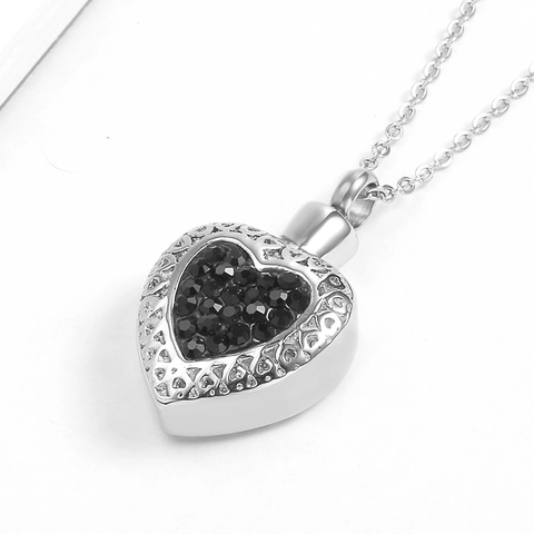 Stainless Steel Heart Cremation Urn Necklace Rhinestone Memorial Ashes Pendant For Men Women Heart Jewelry Gift