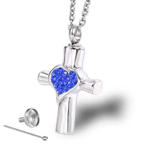 Stainless Steel Heart Rhinestone Cross Memorial Urn Necklace Pendant Cremation Ashes Perfume Bottle Memorial Jewelry For Unisex