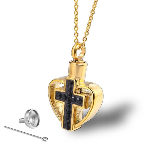 Heart Cross Cremation Urn Necklace For Ashes Memorial Keepsake Stainless Steel Rhinestone Pendant Jewelry For Men Women