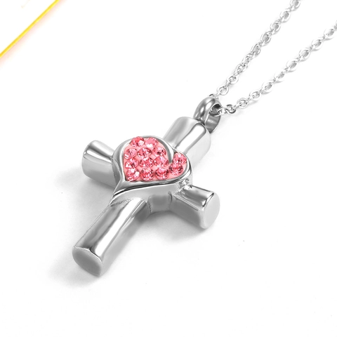 Stainless Steel Heart Cross Cremation Urn Necklace For Ashes Rhinestone Inlaid Pendant Memorial Keepsake Jewelry For Men Women