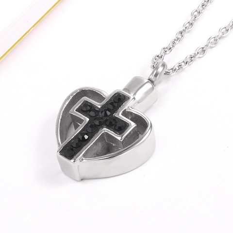 Stainless Steel Heart Cross Cremation Urn Necklace Memorial Pendant With Zirconia Inlay Ash Keepsake Urn Jewelry For Men Women