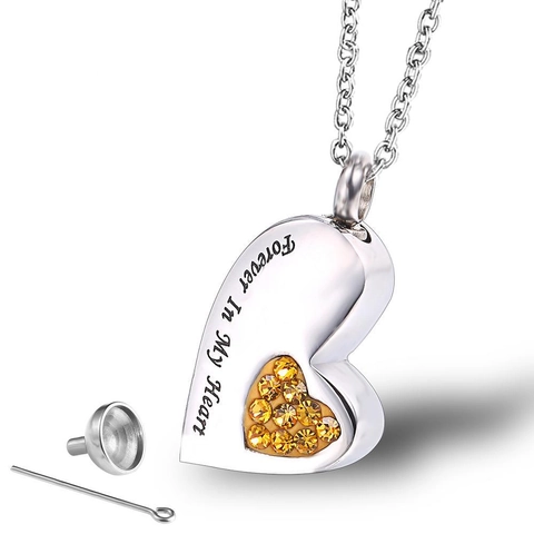 Collier Urne de Crémation Cœur en Acier Inoxydable avec Strass Pendentif Commémoratif Forever In My Heart pour Femme Bijoux