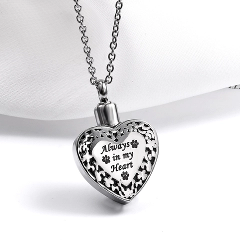Collier Urne Funéraire Cœur en Acier Inoxydable Gravé Always In My Heart Pendentif Patte de Chien Bijoux Souvenir de Cendres