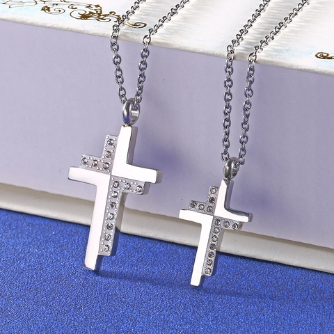 Stainless Steel Cross Pendant Necklace With Zirconia Gold Silver Plated Religious Fashion Jewelry For Men Women Couples