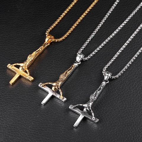 Retro Titanium Steel Inverted Cross Jesus Pendant Necklace Two-Tone Gothic St Peter Cross Religious Jewelry For Unisex