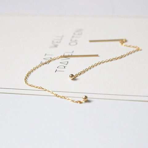 Boucles d'Oreilles Enfilables Minimalistes en Acier Inoxydable 304 Plaqué Or 18K avec Bille pour Femme Bijoux Cadeau Longue Chaîne