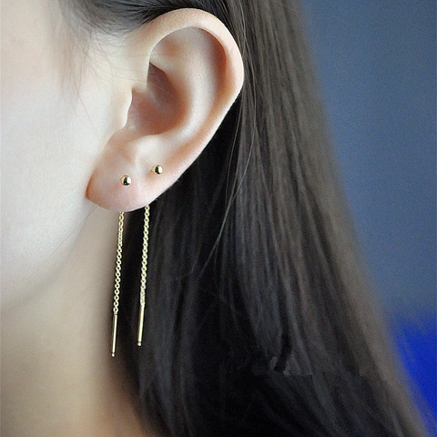Boucles d'Oreilles Enfilables Minimalistes en Acier Inoxydable 304 Plaqué Or 18K avec Bille pour Femme Bijoux Cadeau Longue Chaîne