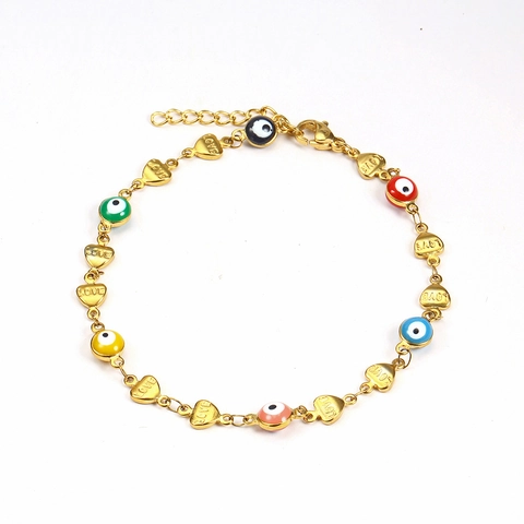 Pulsera de Mal de Ojo de Acero Inoxidable Chapado en Oro de 18K para Mujer Colgante de Cruz Delfín Corazón Joyería de Moda