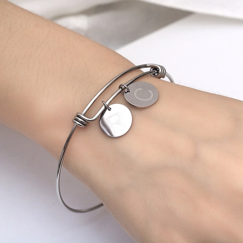 Bracciale Rigido in Acciaio Inossidabile Regolabile per Donna Con Ciondoli a Disco Rotondo Incisi Minimalista Gioielli da Polso Lucidati
