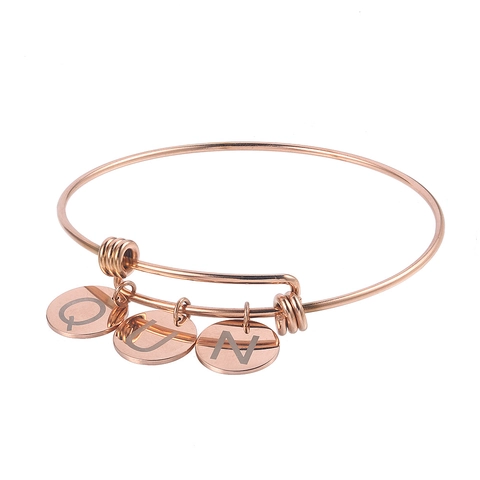 Adjustable Stainless Steel Bangle With Round Initial Letter Pendant Plain Polished Round Plate Bracelet Personalized Jewelry For Women Men