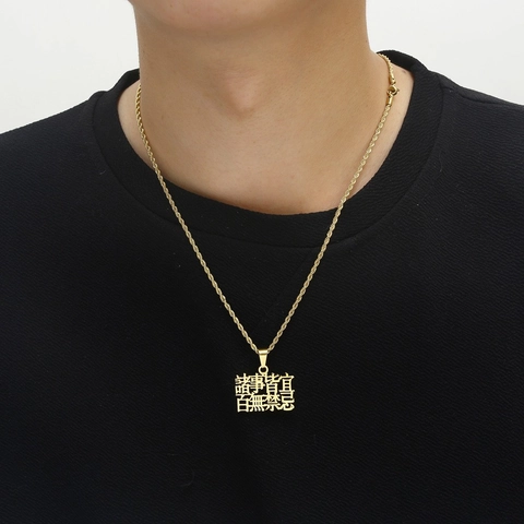 Collier Pendentif Caractère Chinois en Acier Inoxydable Hip Hop Streetwear Typographie Chaîne Torsadée Bijoux Personnalisés Unisexe
