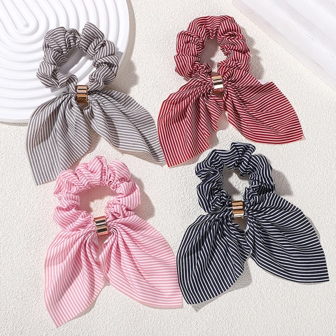 Retro Gestreepte Strik Scrunchie Met Gouden Metalen Ring Stof Haarelastiek Elegant Lint Ponytail Houder Voor Vrouwen