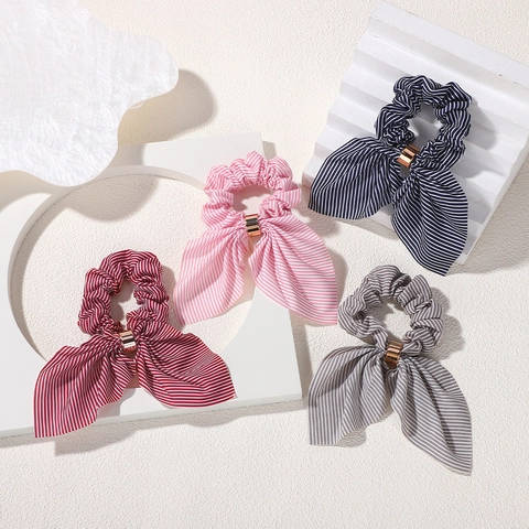 Retro Gestreepte Strik Scrunchie Met Gouden Metalen Ring Stof Haarelastiek Elegant Lint Ponytail Houder Voor Vrouwen