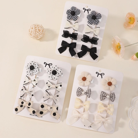 Set di Fermagli per Capelli a Forma di Fiore e Fiocco in Tessuto per Bambine Dolce Nastro a Quadri Pois Accessori per Capelli Neonati