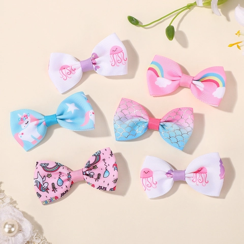 Regenbogen Farbverlauf Einhorn Schleife Haarspangen Für Kinder Mädchen Polyester Ripsband Legierung Meerjungfrau Fischschuppe Haarspange