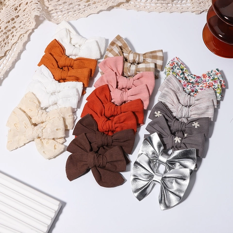 Handmade Fabric Bow Hair Clips For Girls Embroidery Lace Plaid Floral Pattern Hair Accessories Children Duckbill Clips