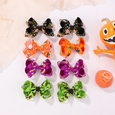 Halloween Kids Bow Hair Clips Polyester Ribbon Pumpkin Ghost Printed Hairpins For Girls Toddlers Holiday Hair Accessories