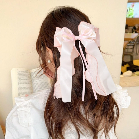 Pince à Cheveux Nœud en Satin et Organza Double Couche pour Enfants Avec Long Ruban Élégant Accessoire Cheveux Princesse