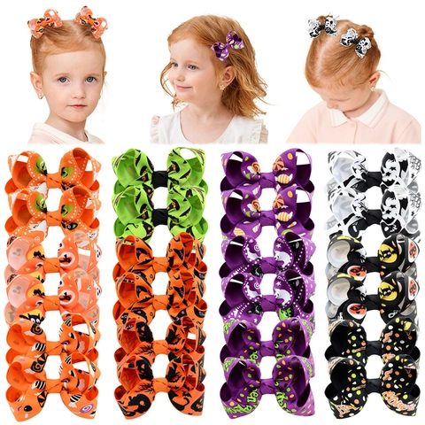 Halloween Kids Bow Hair Clips Polyester Ribbon Pumpkin Ghost Printed Hairpins For Girls Toddlers Holiday Hair Accessories