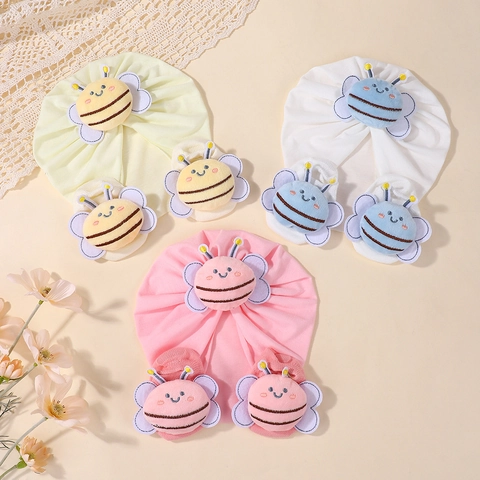 Baby Tulband Hoed En Sokken Set Cartoon Bij Zacht Katoen Gebreide Winter Warme Muts Accessoires Voor Peuters