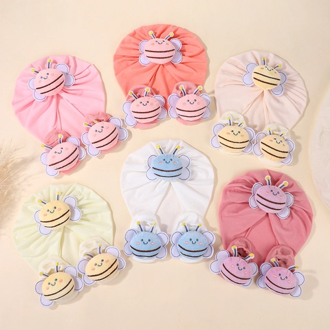 Baby Tulband Hoed En Sokken Set Cartoon Bij Zacht Katoen Gebreide Winter Warme Muts Accessoires Voor Peuters