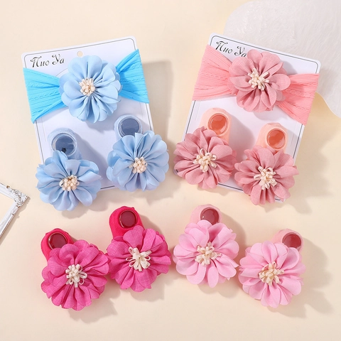 Baby Girls Headband And Socks Set Large 3D Flower Elastic Ribbed Hairband Newborn Infant Toddler Hair Accessories Gift Set