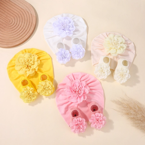 Juego de Gorro de Turbante y Calcetines para Bebé Con Flor 3D Grande Gorro Elástico Suave para Recién Nacidos Accesorios de Fotos
