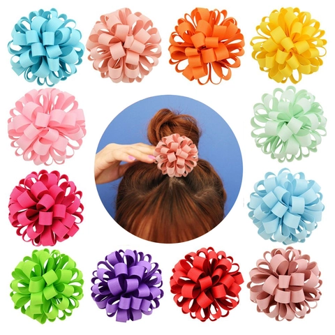 Kids Grosgrain Ribbon Pom Pom Hair Ties Handmade Elastic Hair Bands Multicolored Solid Color Loopy Bow Hair Accessories For Girls